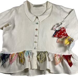Taylor G. Vintage 100% Linen Colorful Handkerchief Hem Button Up Blouse Size L